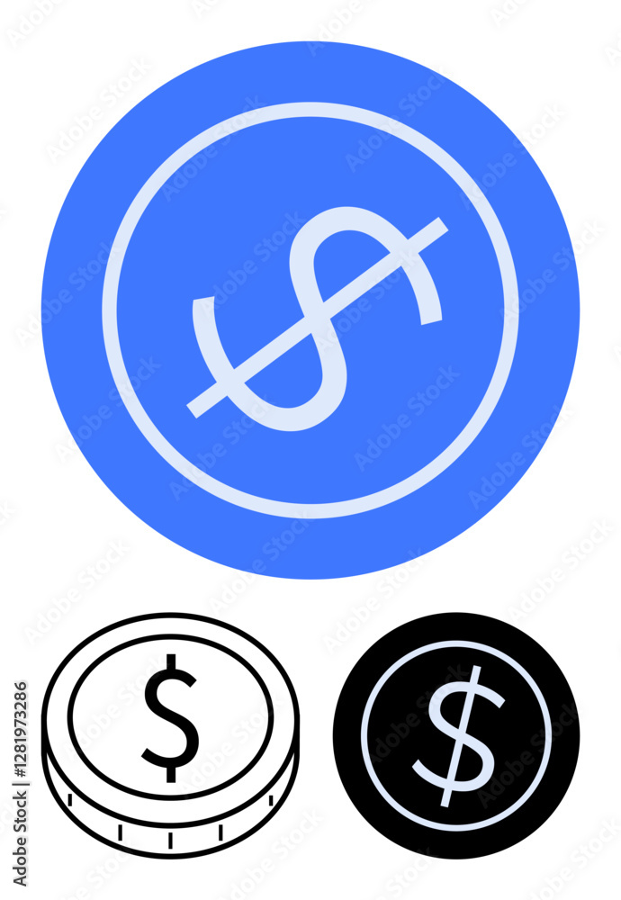 Dollar sign in a blue circle with black and white coin icons. Ideal for finance, banking, money-saving, investment, transactions, global economy, business concepts, abstract line flat metaphor Dollar sign in a blue circle with black and white coin icons. Ideal for finance, banking, money-saving, investment, transactions, global economy, business concepts, abstract line flat metaphor