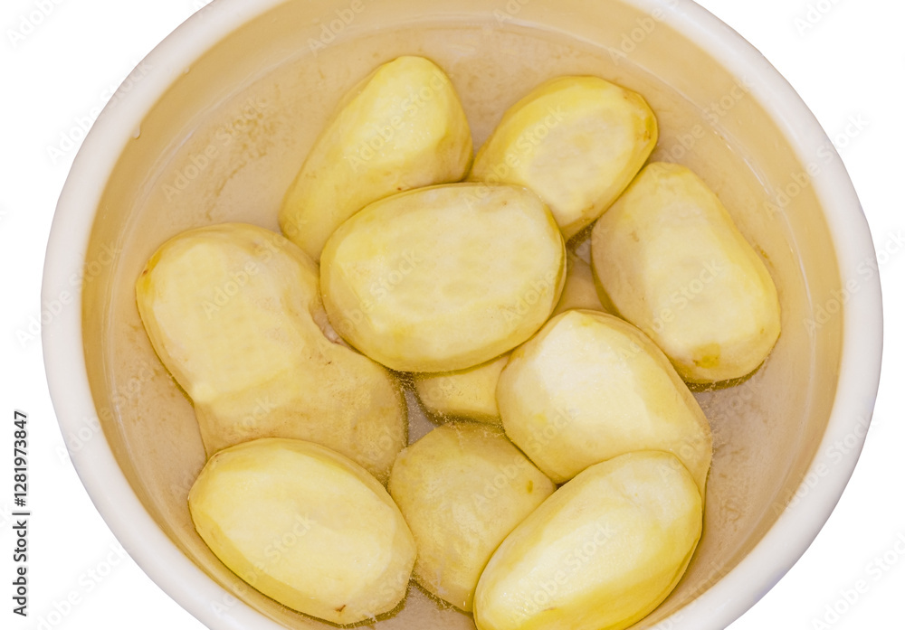 Plastic container with peeled and cut potatoes Plastic container with peeled and cut potatoes