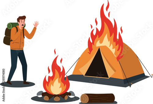 A startled camper with a backpack near a burning tent and campfire in a flat vector illustration showcasing outdoor adventure and survival themes