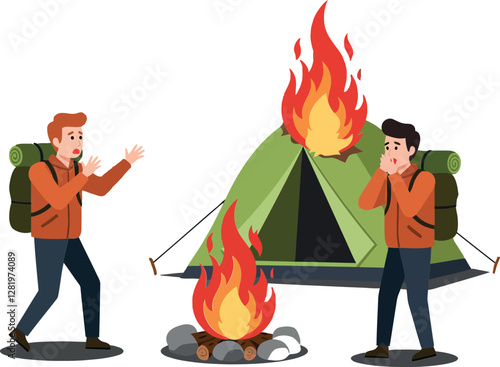 Two campers gathered near a campfire in front of a green tent, illustrated in a flat vector art style, showcasing an outdoor adventure theme.