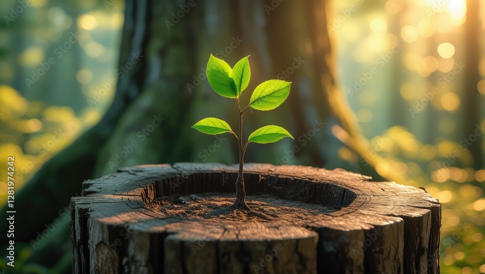New Life Emerging: A Seedling Growing from a Tree Stump in Sunlit Forest