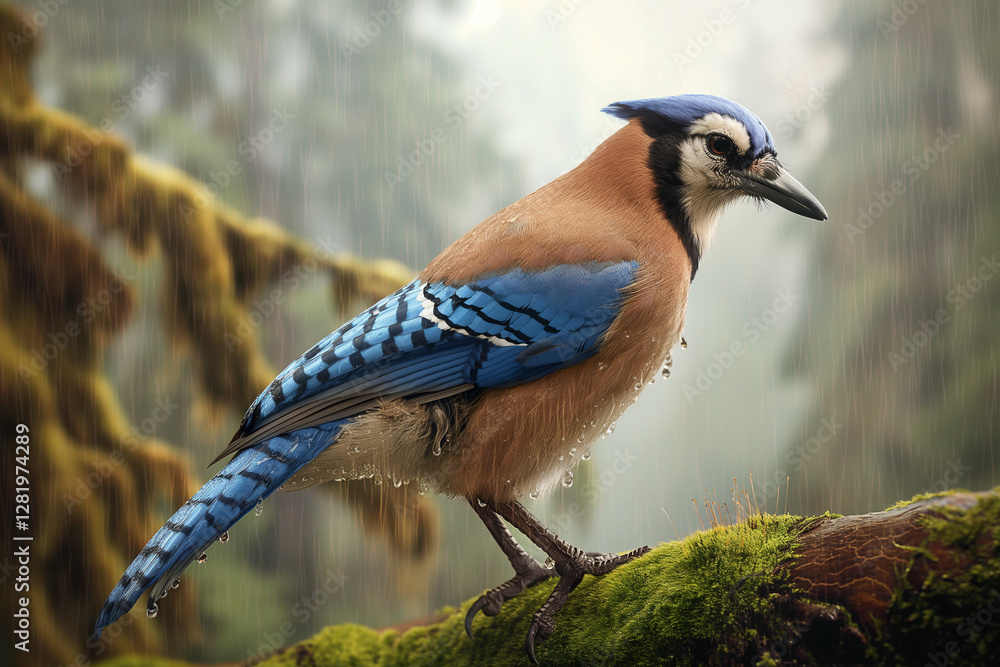 A stunning portrait of a jay perched on a mossy branch, its vibrant blue and brown A stunning portrait of a jay perched on a mossy branch, its vibrant blue and brown
