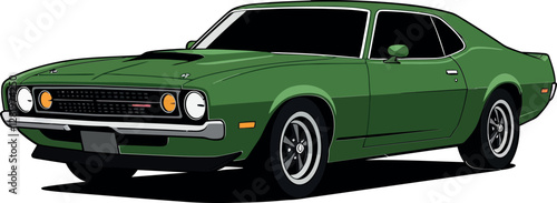 Classic green muscle car parked on a street with detailed features in a flat design vector art