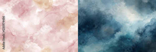 Two paintings of watercolor clouds, one pink and one blue. The pink one is more subtle and the blue one is more intense
