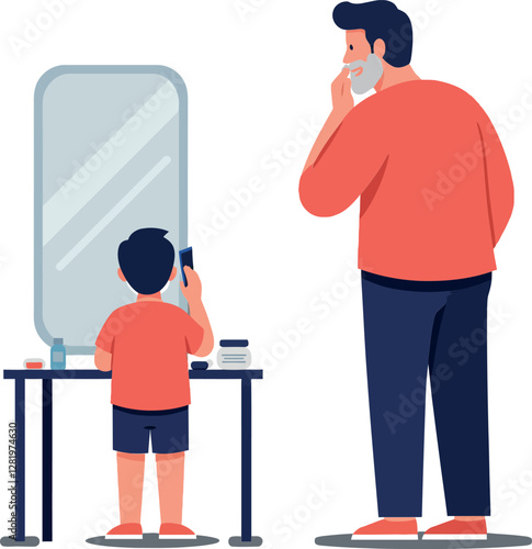 A father and son sharing a morning routine at a bathroom mirror in flat vector illustration showcasing bonding and grooming