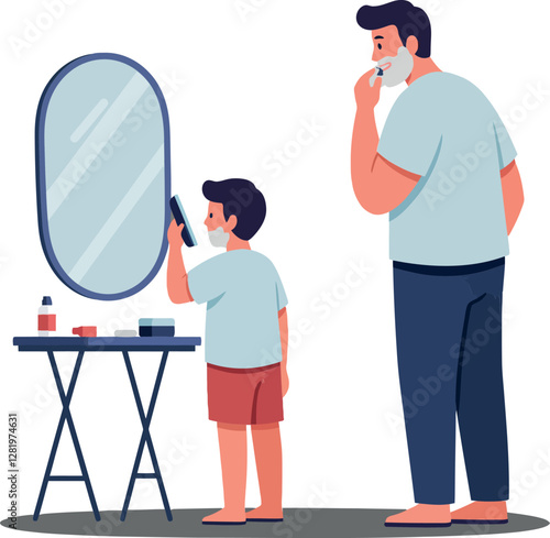 Father and son grooming together in a minimalistic bathroom setting while sharing a bonding moment, detailed vector illustration