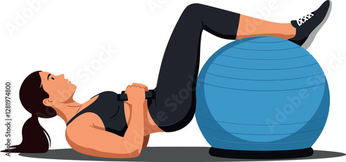Woman performing a fitness exercise on a blue stability ball in a flat vector illustration style showcasing strength and determination during her workout routine