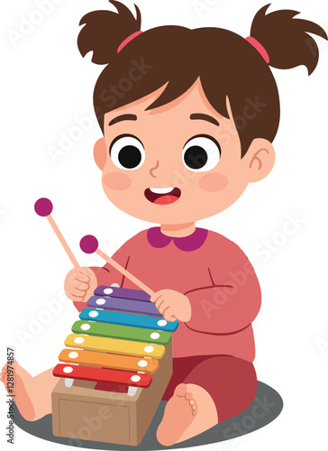 Happy young girl playing with colorful xylophone in minimal flat design vector art