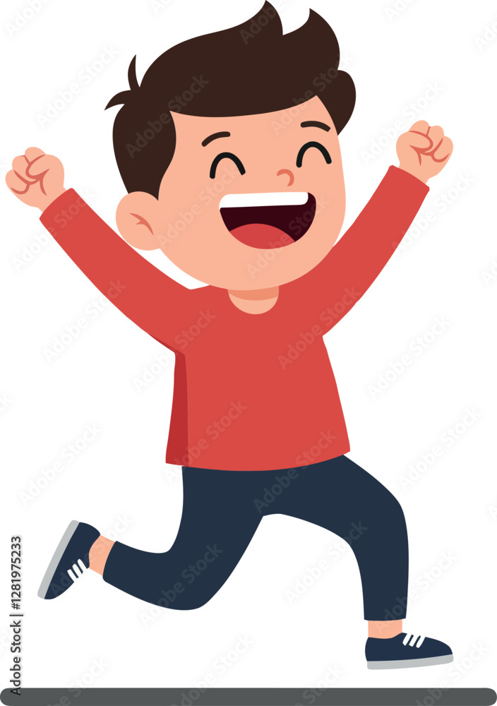 Cheerful young boy wearing a red shirt and blue pants joyfully running in a flat, minimal design vector illustration Cheerful young boy wearing a red shirt and blue pants joyfully running in a flat, minimal design vector illustration