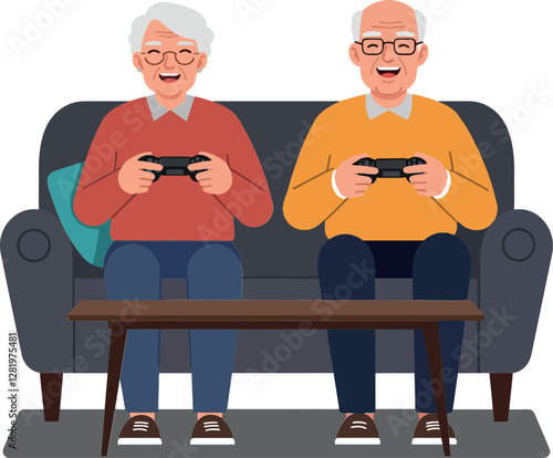 Two elderly men joyfully playing video games together on a cozy couch in a flat design vector illustration