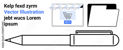 Pen and stationery folder near an online shopping cart interface with a BUY button. Ideal for office setup, creativity, e-commerce, education, digital marketing, business tools, flat landing page