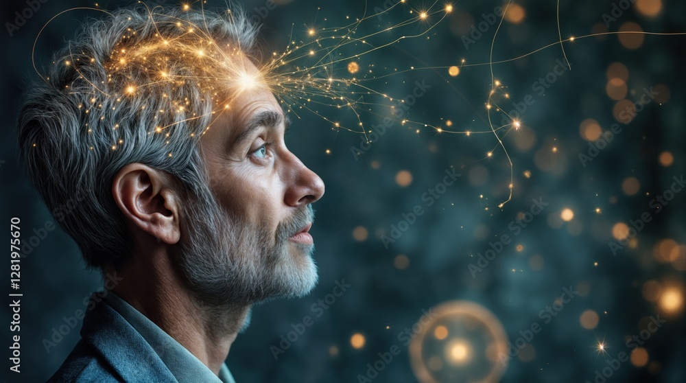 A man with a beard and grey hair looks straight ahead. We see his thoughts and ideas as glowing dots and lines. A man with a beard and grey hair looks straight ahead. We see his thoughts and ideas as glowing dots and lines.