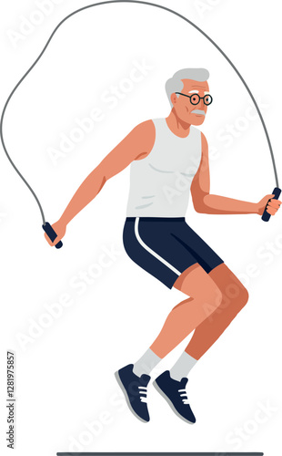 Senior man skipping rope in athletic wear showcasing fitness and vitality in a flat design vector illustration