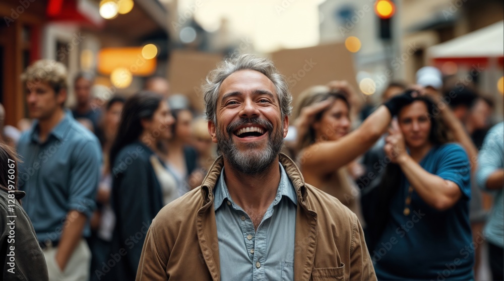 A man with a beard is smiling in a crowd. There are many people around him, some of whom are smiling as well. A man with a beard is smiling in a crowd. There are many people around him, some of whom are smiling as well.