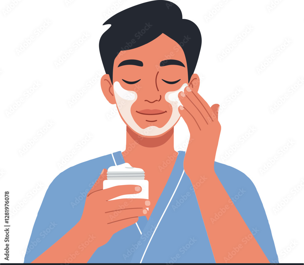 A young man applying facial cream while enjoying a skincare routine in a minimal and clean design style vector illustration A young man applying facial cream while enjoying a skincare routine in a minimal and clean design style vector illustration