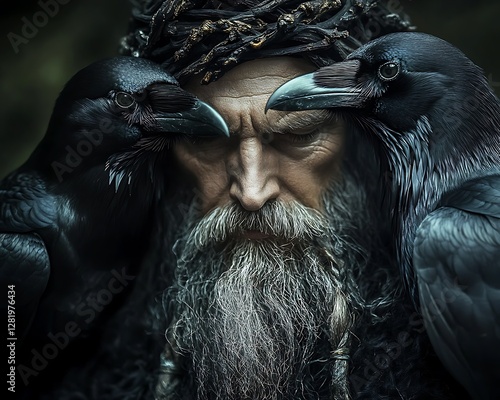 Shaman, ravens, forest, mystical, fantasy