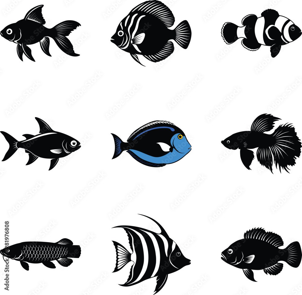 Fototapeta premium Fish Icons - Aquatic Animal Vector Silhouette Set in Various Styles