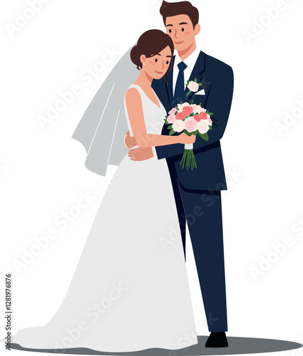 Happy newlywed couple embracing in elegant wedding attire with beautiful bouquet in a minimalistic flat design vector illustration