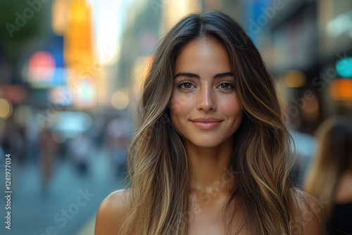 Free Download Young woman smiling in a vibrant urban setting with blurred city background - GFXLoad