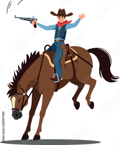 Cowboy on a galloping horse, brandishing a revolver, in a dynamic flat vector illustration showcasing Western themes and adventurous spirit