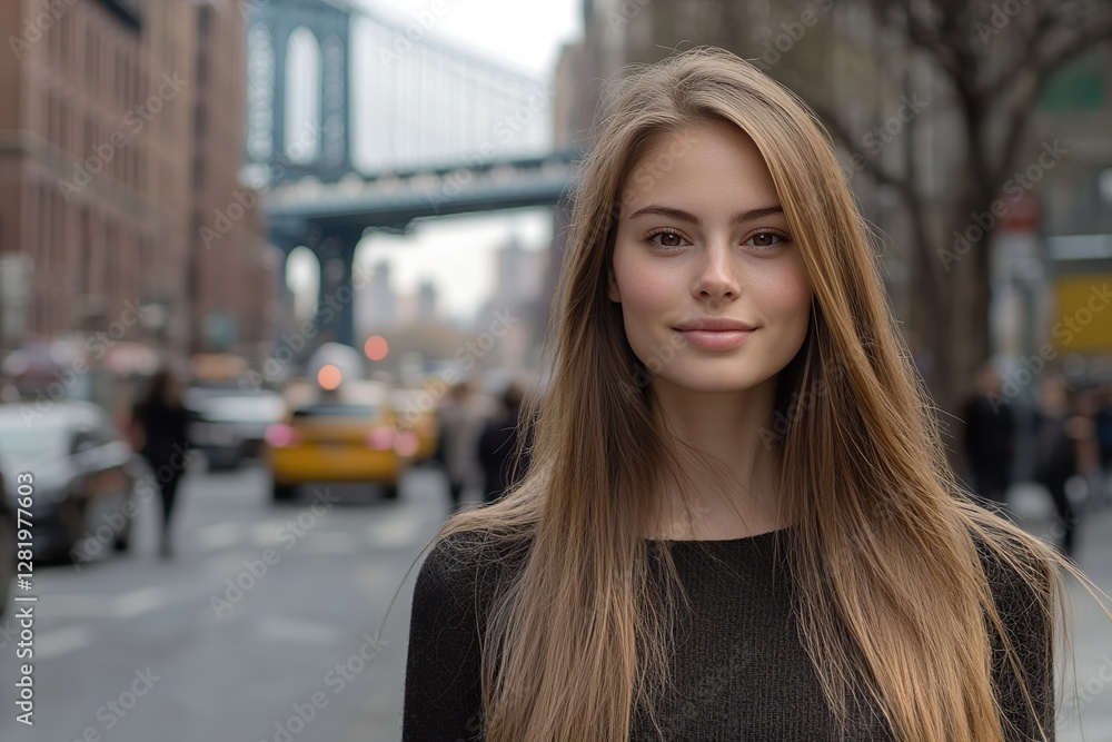 Fototapeta premium Woman standing confidently on a busy street with a bridge in the background on a sunny day
