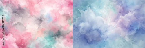 The image is a colorful abstract painting of two clouds with pink, blue, and green hues. The painting has a dreamy and whimsical mood, with the colors blending together to create a sense of movement