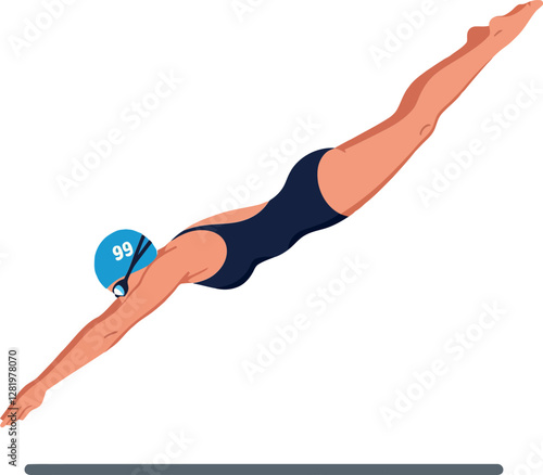 Dynamic swimmer in a sleek black swimsuit performing a graceful dive into a pool, minimal vector illustration capturing motion and athleticism in vibrant colors of vector art