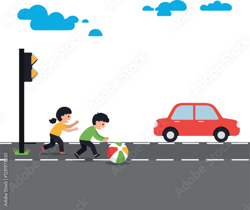 Two children playing with a beach ball on a street while a red car approaches, flat vector illustration capturing joy and carefree innocence