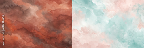 Two paintings of a sky with a blue and green background. The blue background is more prominent than the green