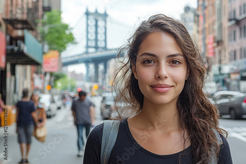 Woman standing confidently on a busy street with a bridge in the background on a sunny day Free Download Woman standing confidently on a busy street with a bridge in the background on a sunny day - GFXLoad