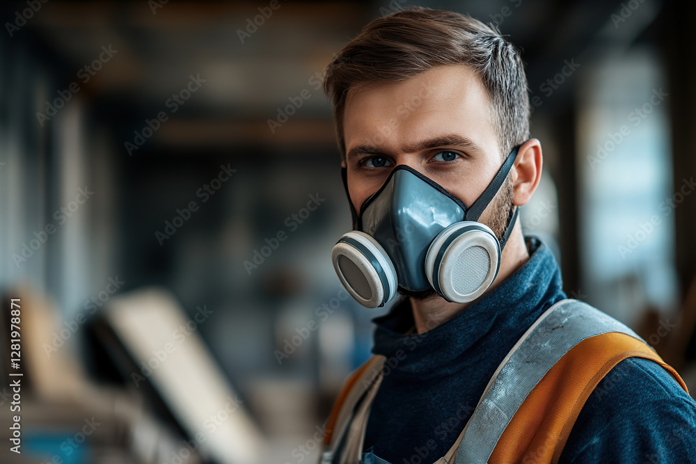 Worker in high-grade dust mask focuses on task in modern industrial setting Worker in high-grade dust mask focuses on task in modern industrial setting