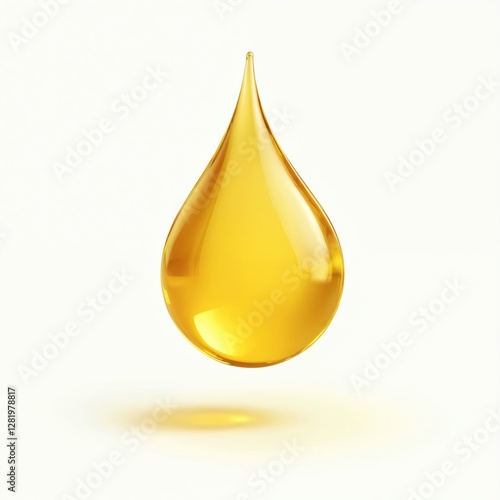 Hanging single big yellow dripping oil drop on transparent white background. Honey, liquid, fluid, saturated viscous substance levitates with small reflection shadow. Concept for cooking oil, motor
