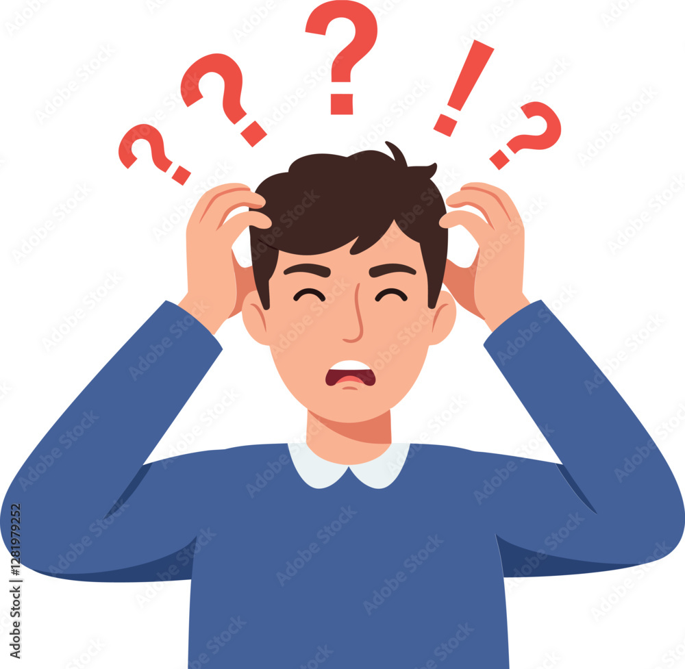 A confused young man with furrowed brows pulling his hair while surrounded by floating question marks in flat vector illustration A confused young man with furrowed brows pulling his hair while surrounded by floating question marks in flat vector illustration