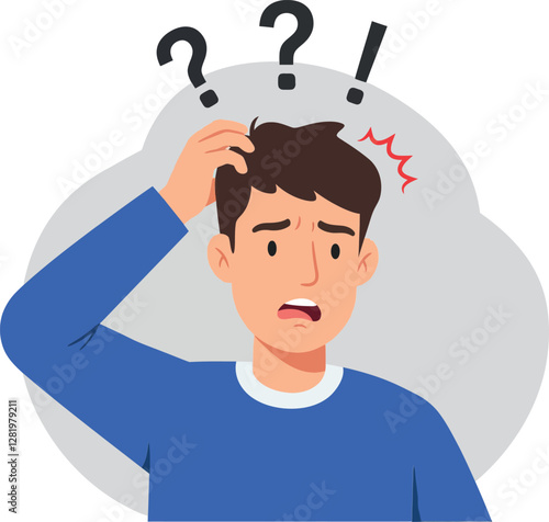 Confused young man scratching his head with a puzzled expression in a flat vector illustration style