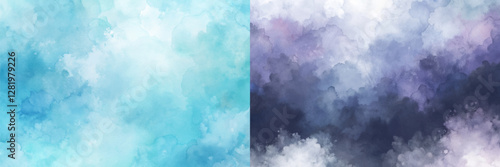 Two paintings of the sky with blue and purple tones. The blue sky is more prominent in the left painting, while the purple sky is more prominent in the right painting. The paintings have a dreamy