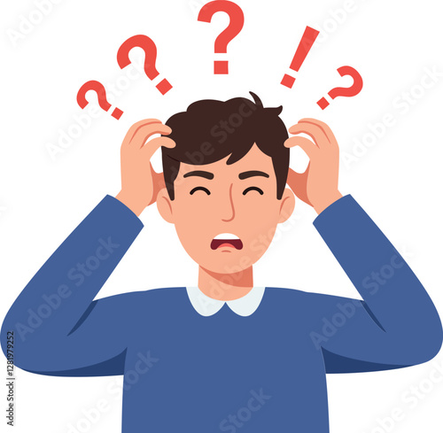 A confused young man with furrowed brows pulling his hair while surrounded by floating question marks in flat vector illustration