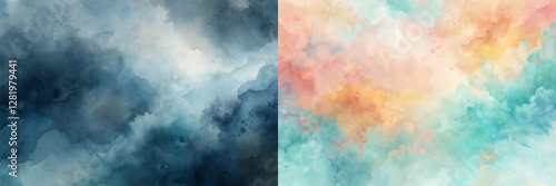 The two paintings are of a sky with a stormy look. The first painting has a darker blue sky with white clouds, while the second painting has a lighter blue sky with orange and yellow clouds