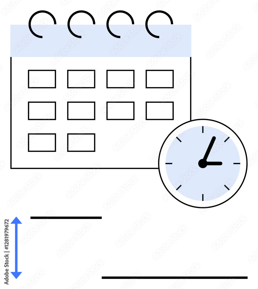 Large calendar with coiled rings, analog clock face, blue arrows for adjustment. Ideal for scheduling, deadlines, productivity, planning, organization, appointments abstract line flat metaphor Large calendar with coiled rings, analog clock face, blue arrows for adjustment. Ideal for scheduling, deadlines, productivity, planning, organization, appointments abstract line flat metaphor