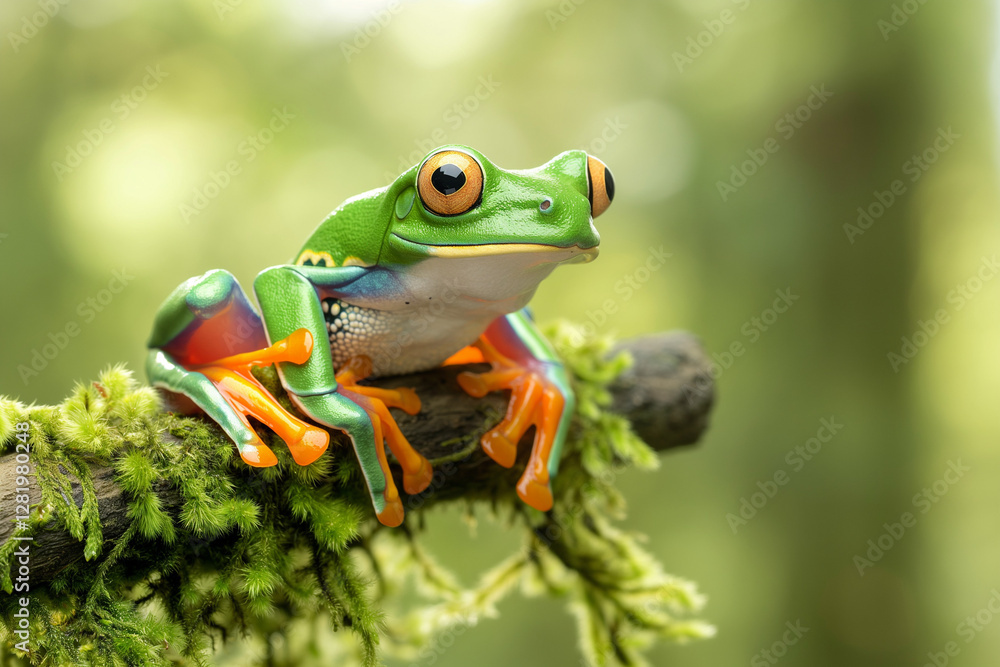 A vibrant Javan tree frog perched delicately on a mossy branch A vibrant Javan tree frog perched delicately on a mossy branch
