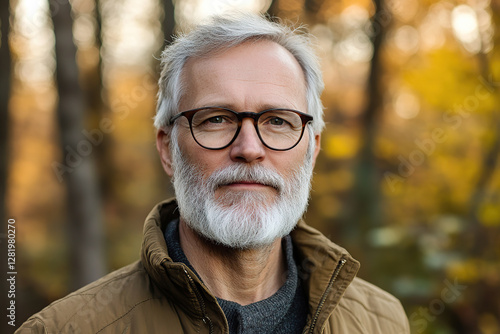 Elderly man in autumn forest wearing glasses and smiling softly