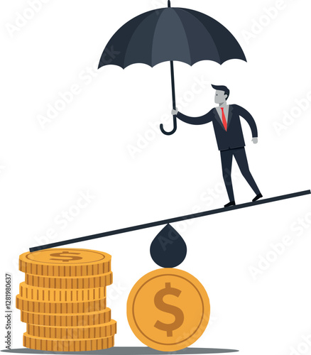 A businessman balancing on a seesaw while holding an umbrella over gold coins in a minimal flat design vector illustration