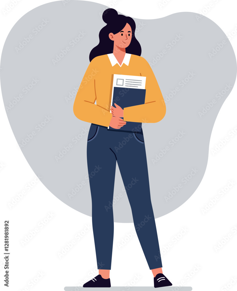 Confident woman standing with a notebook in a casual outfit, showcasing a flat design style in vibrant colors, vector illustration Confident woman standing with a notebook in a casual outfit, showcasing a flat design style in vibrant colors, vector illustration