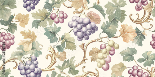 Vintage seamless vector pattern of clusters of purple grapes with intricate vine details and leaves on beige background