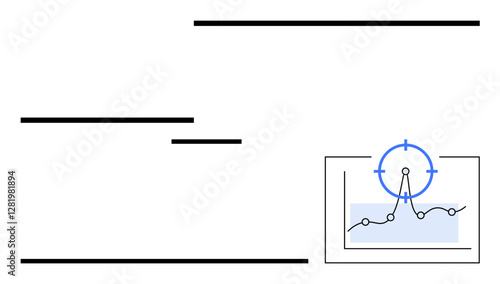Graph with line chart, data points, focus marker, horizontal bars. Ideal for analytics, performance, tracking, goals strategy optimization trends. Abstract line flat metaphor