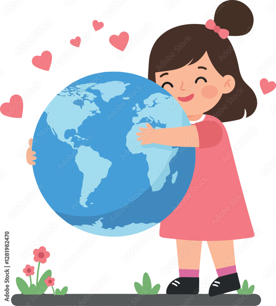 Fototapeta premium A cheerful girl in a pink dress hugging the Earth, surrounded by hearts and flowers, in a flat and colorful vector illustration