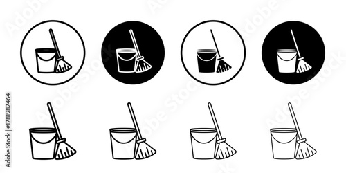 besom with stick and pail icon flat and simple set design