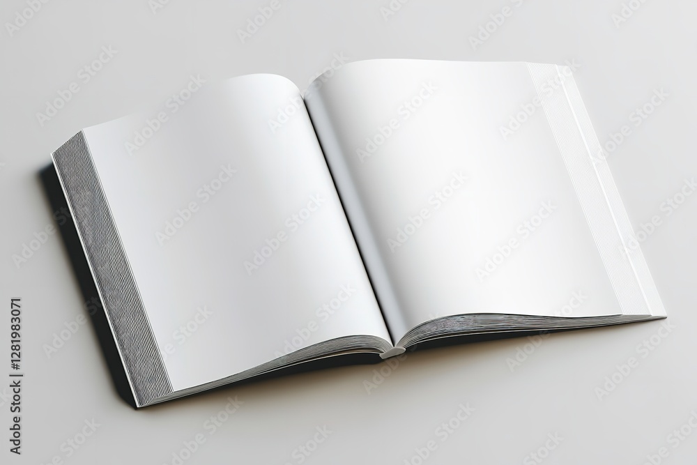 3D rendering of three blank white magazine pages on a light gray background 3D rendering of three blank white magazine pages on a light gray background