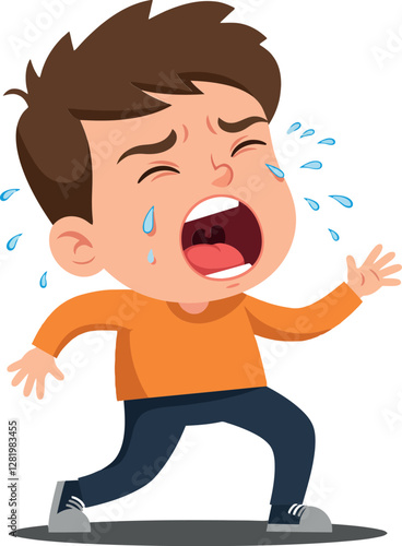 A young boy crying with tears streaming down his face in a flat and colorful style vector illustration