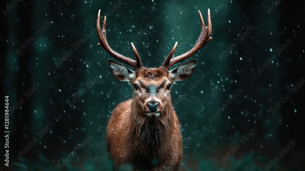 A striking deer stands gracefully amidst a snowfall, showcasing its magnificent antlers in a serene, forested backdrop, evoking feelings of tranquility and beauty. A striking deer stands gracefully amidst a snowfall, showcasing its magnificent antlers in a serene, forested backdrop, evoking feelings of tranquility and beauty.