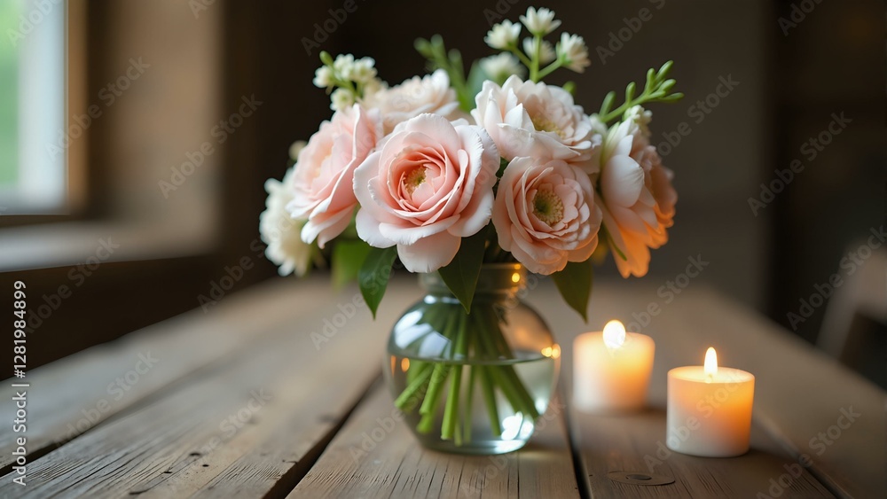 Fototapeta premium A vintage mercury glass vase holds an arrangement of pastel flowers, softly lit by warm candlelight on a rustic wooden table.